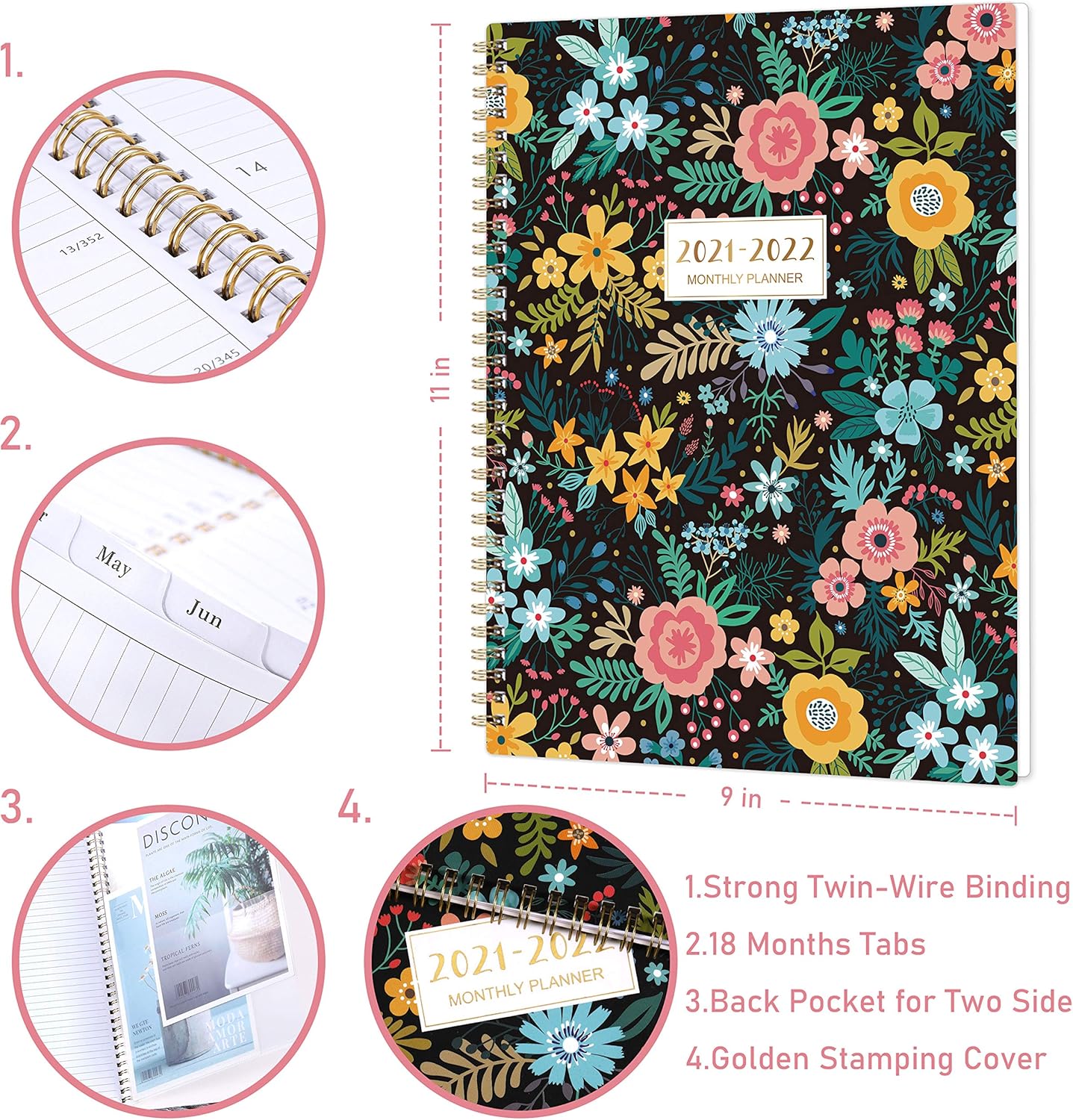 2021-2022 Monthly Planner - 18-Month Planner with Tabs & Pocket, Contacts and Passwords, 8.5" x 11", Thick Paper, Jul. 2021 - Dec. 2022, Twin-Wire Binding - Black Floral : Office Products