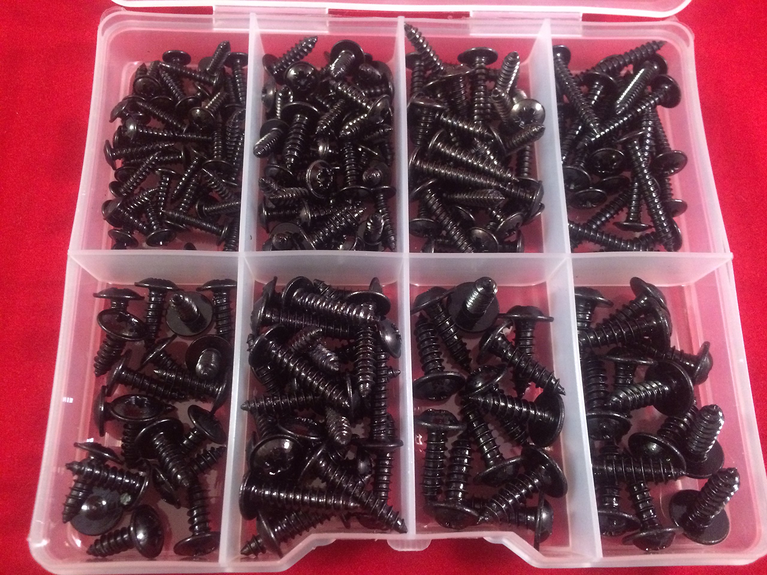 Set of 215 Assorted No.4 6 8 & 10 (2.9, 3.5, 4.2 and 4.8) Black Flange Pozi Pan Self Tapping Screws in a Clear Compartment Box kit