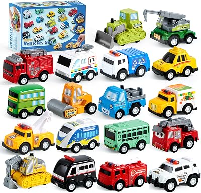 JOYIN 18 Piece Pull Back City Cars and Trucks Toy Set