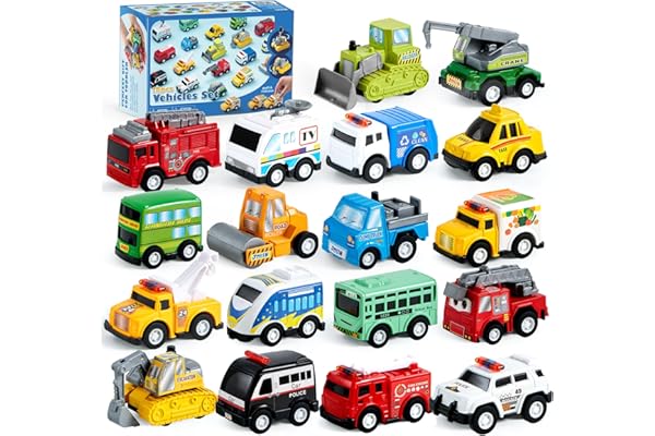 JOYIN 18 Pcs Pull Back City Cars and Trucks Toy Vehicles Set, Friction Powered Cars Toys for Toddlers, Easter Basket Stuffers