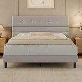 GRUSIGN Queen Size Bed Frame with Linen Fabric Headboard, Adjustable Height Upholstered Platform Bed Frame with Wooden Slats, Easy Assembly, Dark Grey