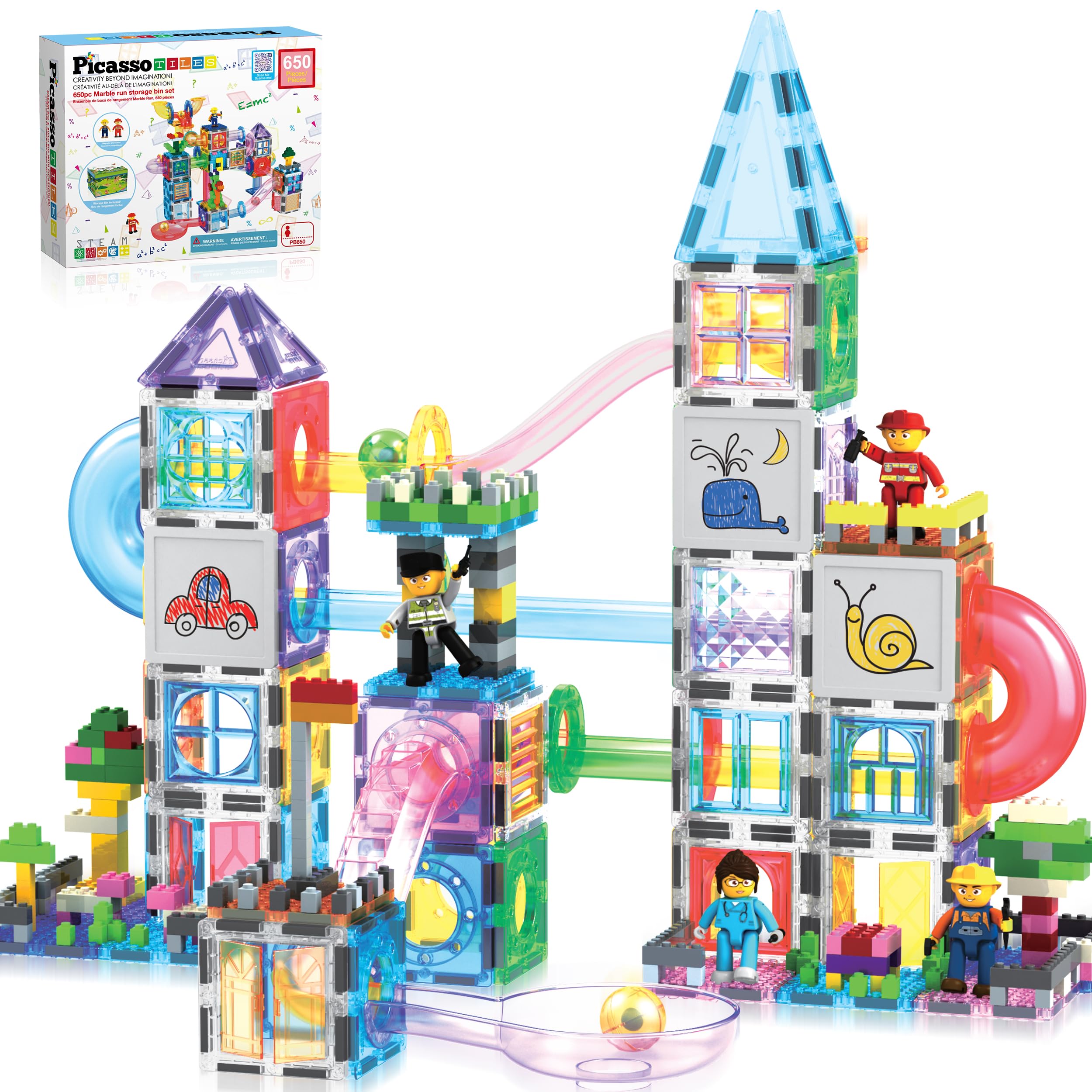 PicassoTiles 650PCS Magnetic Marble Run Tiles and Brick Combo Magnet Tile Building Blocks Magnet Set with Character Action Figures Educational Preschool Learning Toys for Kids Toddlers Ages 3+ PB650 Image