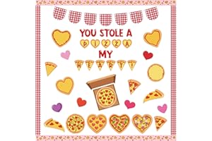 CPicdn 129Pcs Valentine’s Day Pizza Bulletin Board Classroom Decorations Cutouts Name Tags You Stole A Pizza My Heart Banner Chalkboard Wall Decor for School Valentines Party Supplies