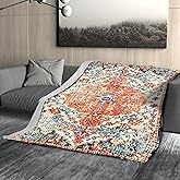 Orange Blue Boho Blanket Soft Flannel Lightweight Rust Teal Bohemian Throw Blanket Cozy Warm Vintage Aztec Carpet Blankets All Seasons Living Room Decor for Couch Chair Bed Sofa Office 40x50 inch