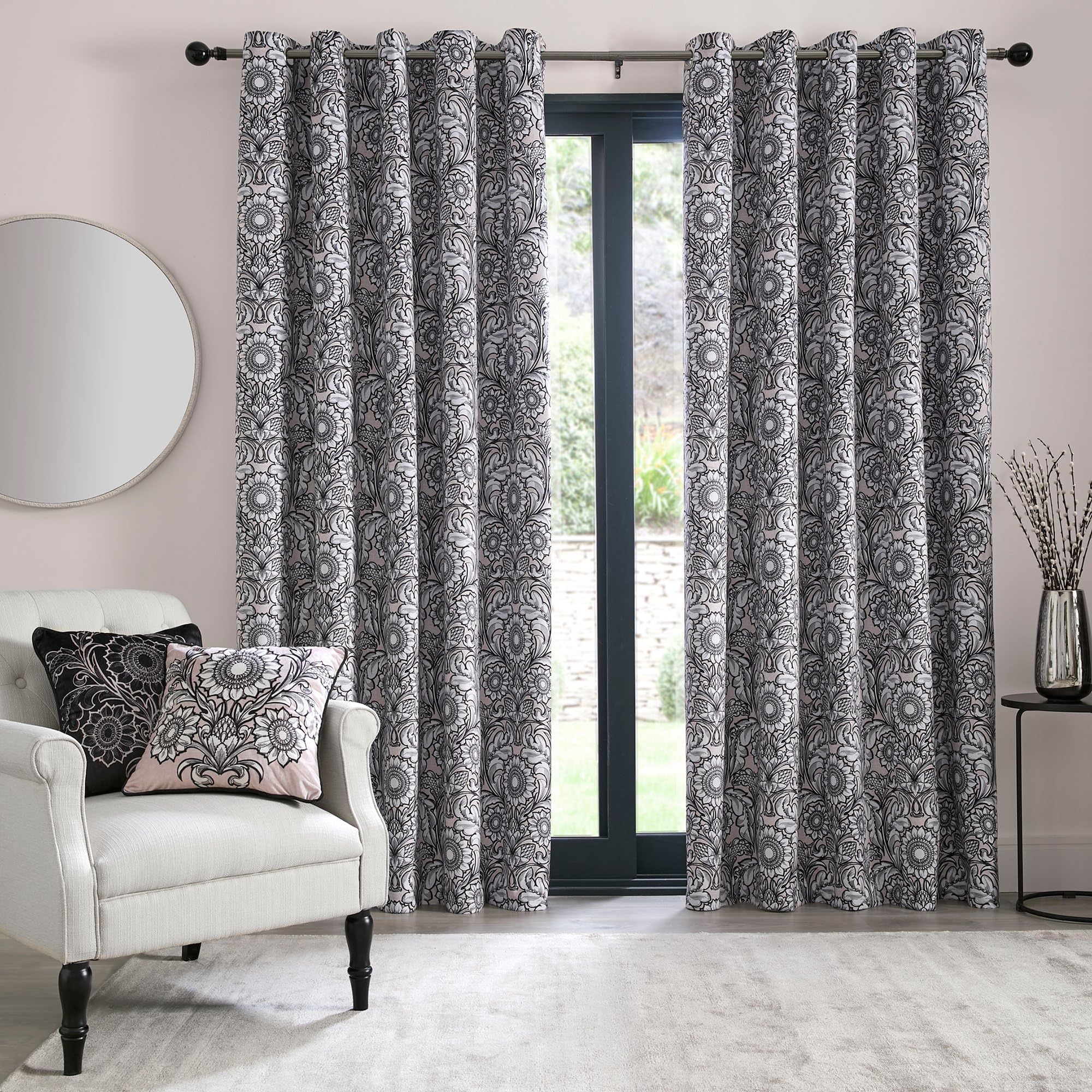 Laurence Llewelyn-Bowen Black & Natural Floral Curtains - Blackout W46 x L54" (117 x 137cm) - Thermal Insulated Mandala Bohemian Drapes for Living Room & Bedroom