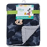 Disney Mickey Mouse Hello World Star/Icon Super Soft Double Sided Velour/Sherpa Baby Blanket, Navy, Grey, White