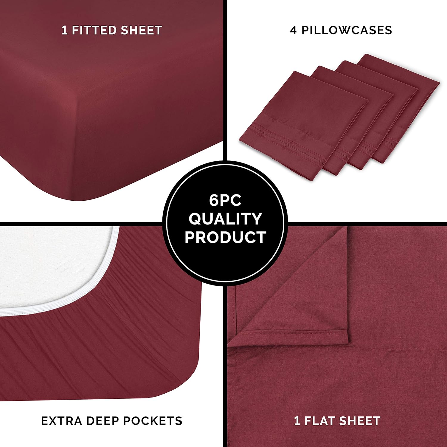 Full Size Sheet Set - 6 Piece Set - Hotel Luxury Bed Sheets - Extra Soft - Deep Pockets - Easy Fit - Breathable & Cooling Sheets - Wrinkle Free - Comfy - Burgundy Bed Sheets - Fulls Sheets - 6 PC: Home & Kitchen