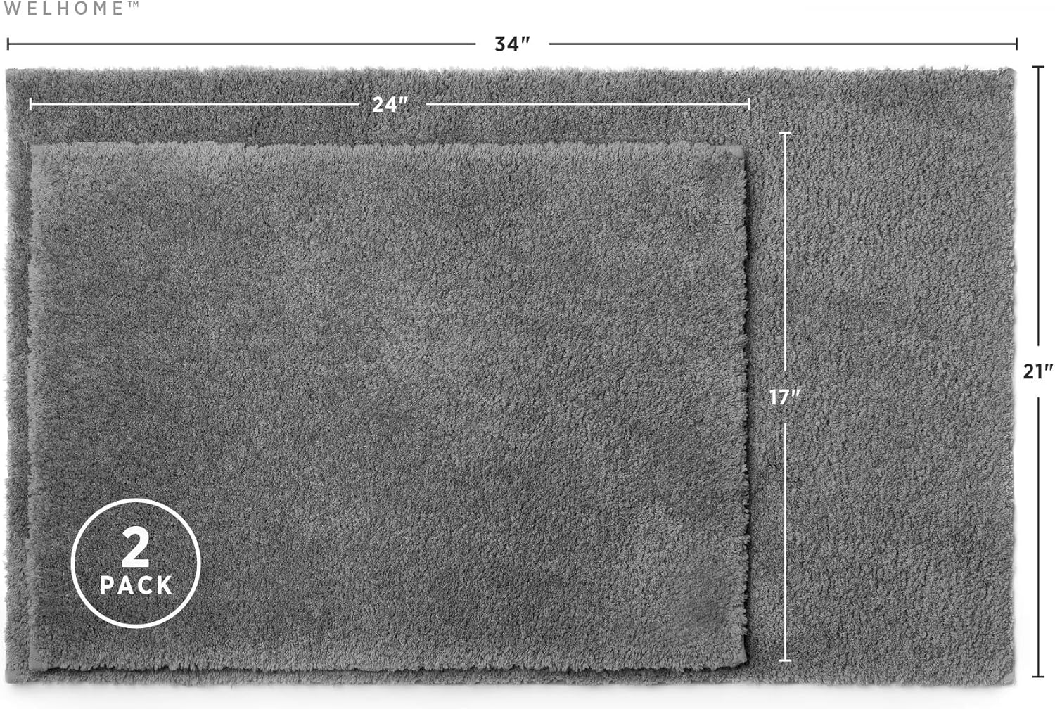 Welhome 100% Microfiber Drylon Non Slip Bath Rug - Latex Backing - Ultra Absorbent - Quick Dry - Soft - Durable - Hotel Spa Bathroom Collection - 17"x 24", 21"x 34" - Gray: Kitchen & Dining
