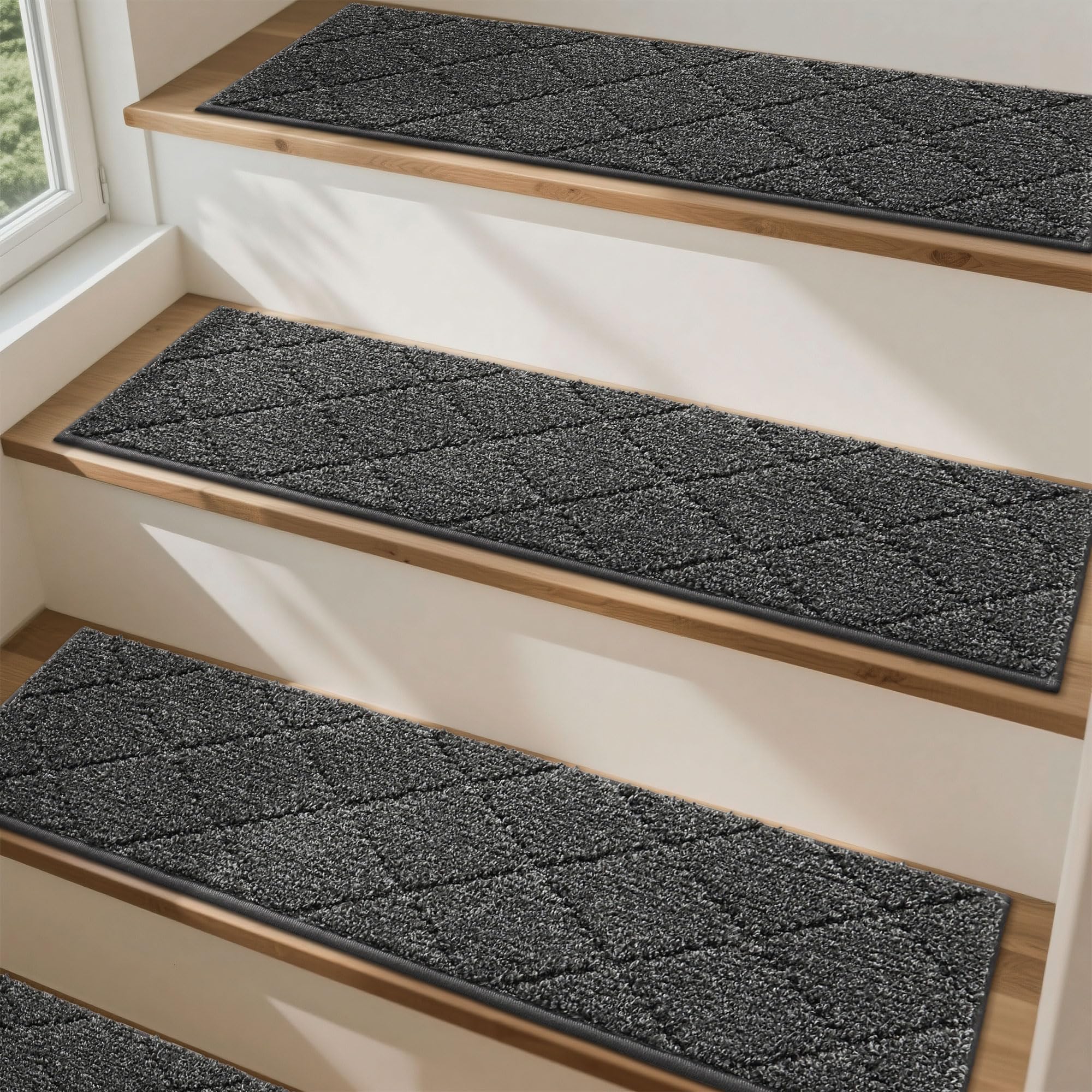 COSY HOMEER Full Edge Wrapping Stair Treads,70x22 CM Non-Slip Carpet Mat for Indoor Stairs, Single Color Polyester Stair Tread Runners Pads for Wooden Steps, Friendly to Kids Pets Elders(4pc, Black)
