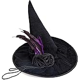 Skeleteen Deluxe Pointed Witch Hat - Glamorous Black Witches Accessories Fancy Velvet Hat with Flowers, Beads and Purple Feathers