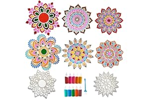 MLOLM Wooden Rangoli Sand Art Kit - 6-Piece Reusable DIY Mandala Puzzle Mats with Rangoli Color& Brush for Diwali, Home Festival and Party Decoration (3 Sizes)