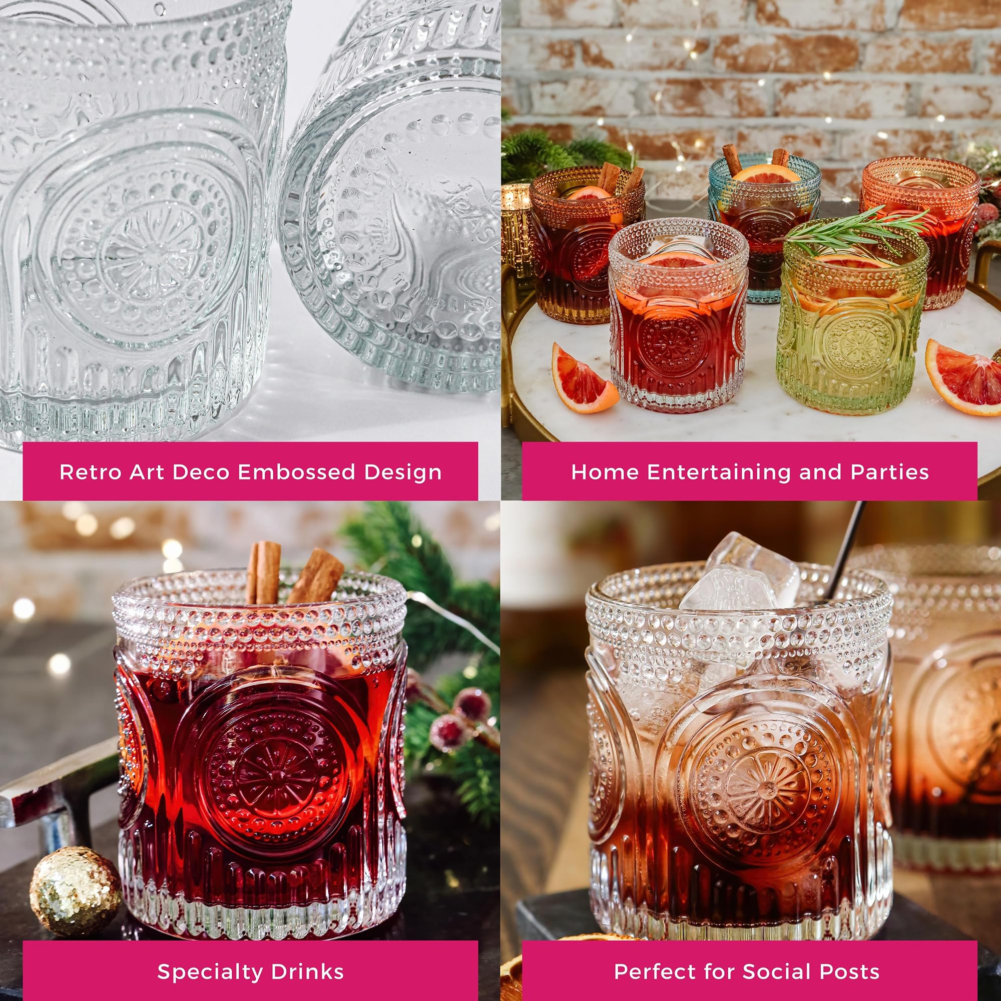 Kate Aspen Ribbed Retro Arch Floral Clear Drinking Glasses Set of 6, (10 oz) Vintage Glassware Set Cocktail Glass Set, Juice Glass, Water Cups | Great Hostess Gift & Gift for New Home Owners