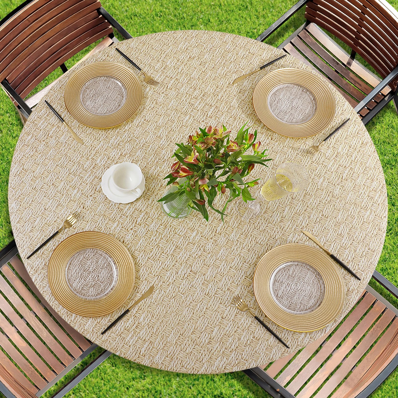 Photo 1 of Romanstile Round Vinyl Tablecloth, 100% Waterproof Heavy Duty Elastic Fitted Table Covers for 36"- 44" Tables, Wipeable Flannel Backed Plastic Table Cloths for Picnic, Camping, Outdoor - Weave