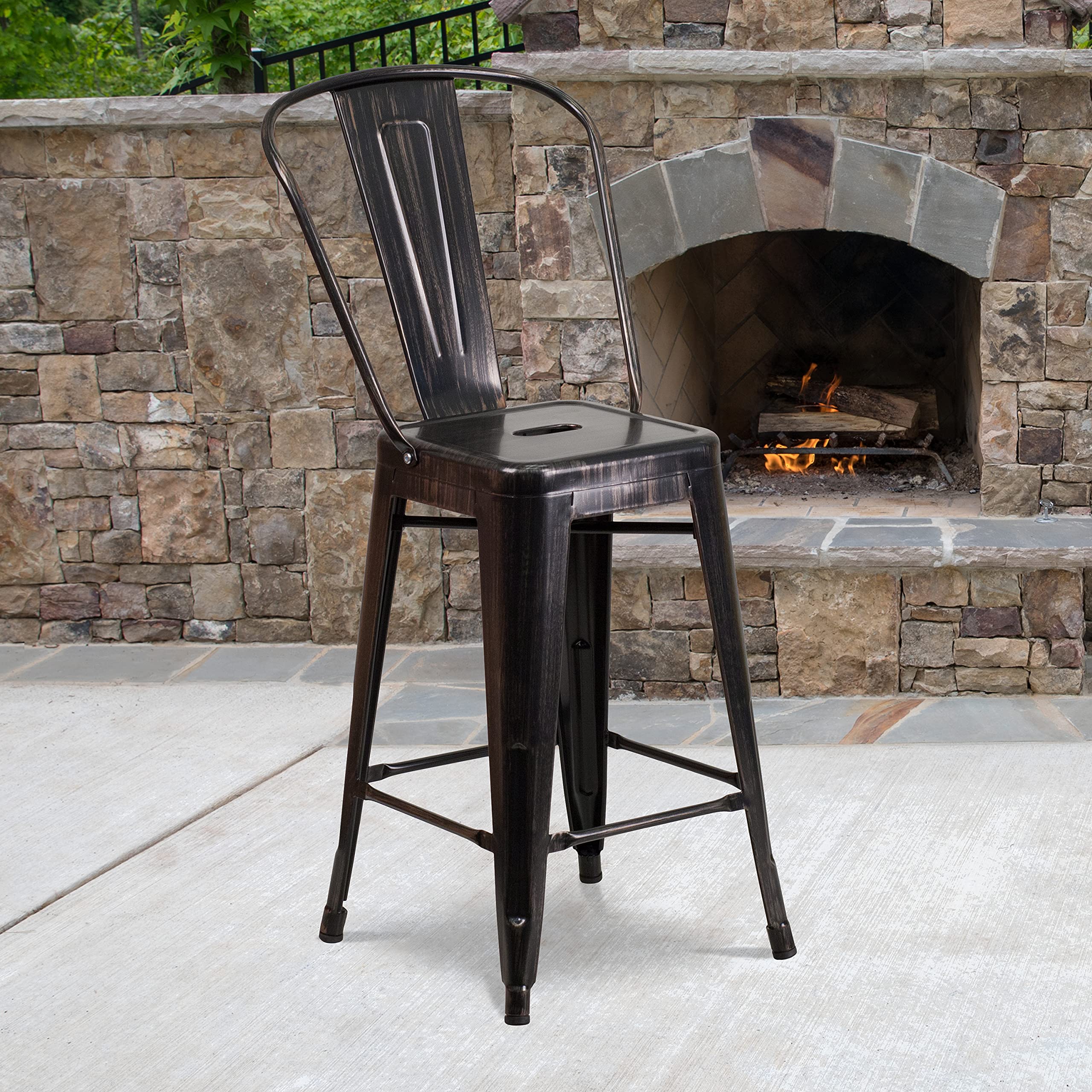 Flash Furniture Commercial Grade 4 Pack 24" High Black-Antique Gold Metal Indoor-Outdoor Counter Height Stool with Removable Back