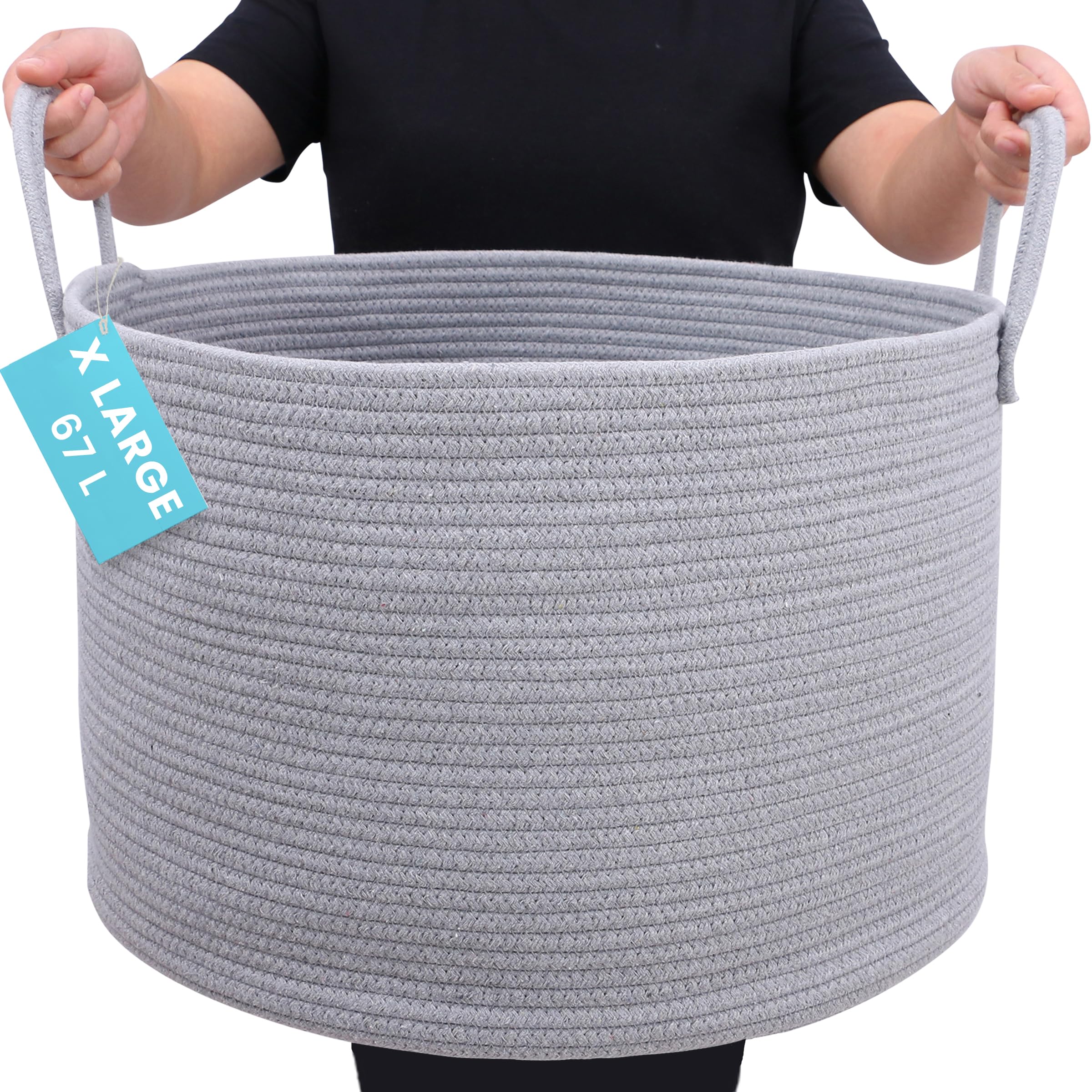 Organihaus Extra Large Rope Toy Basket for Kids Storage, 67L Woven Rope Laundry Bin for Blankets, Dog toys, Clothes - Bedroom, Bathroom and Living Room Hamper, 50x30cm, Grey