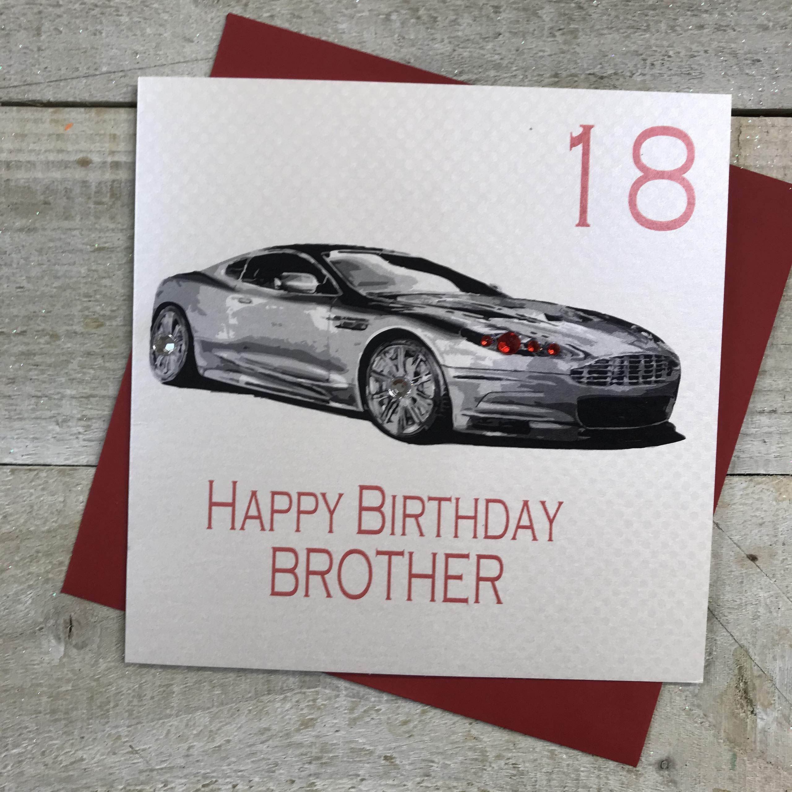 white cotton cards 18 Happy Brother, Hand Finished 18th Birthday Card (Code AA18-B, Sports Car), 16cm x 16cm