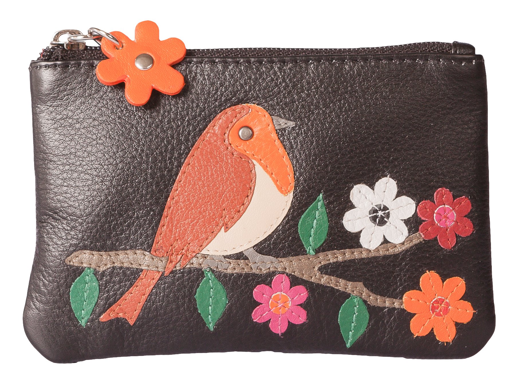 Cute Robin Mala Leather Black RFID Protected Luxury Coin Purse – Premium Leather, Cute Robin Design, Compact & Secure