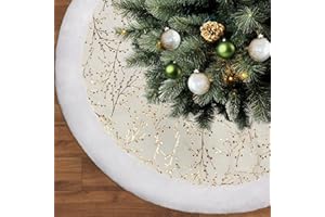 SYITCUN Christmas Tree Skirt, 48inch White and Gold Tree Skirt, Faux Fur Xmas Tree Skirt for 4 5 6 7 8 9 Ft Christmas Trees, Thicker Plush Christmas Tree Decorations