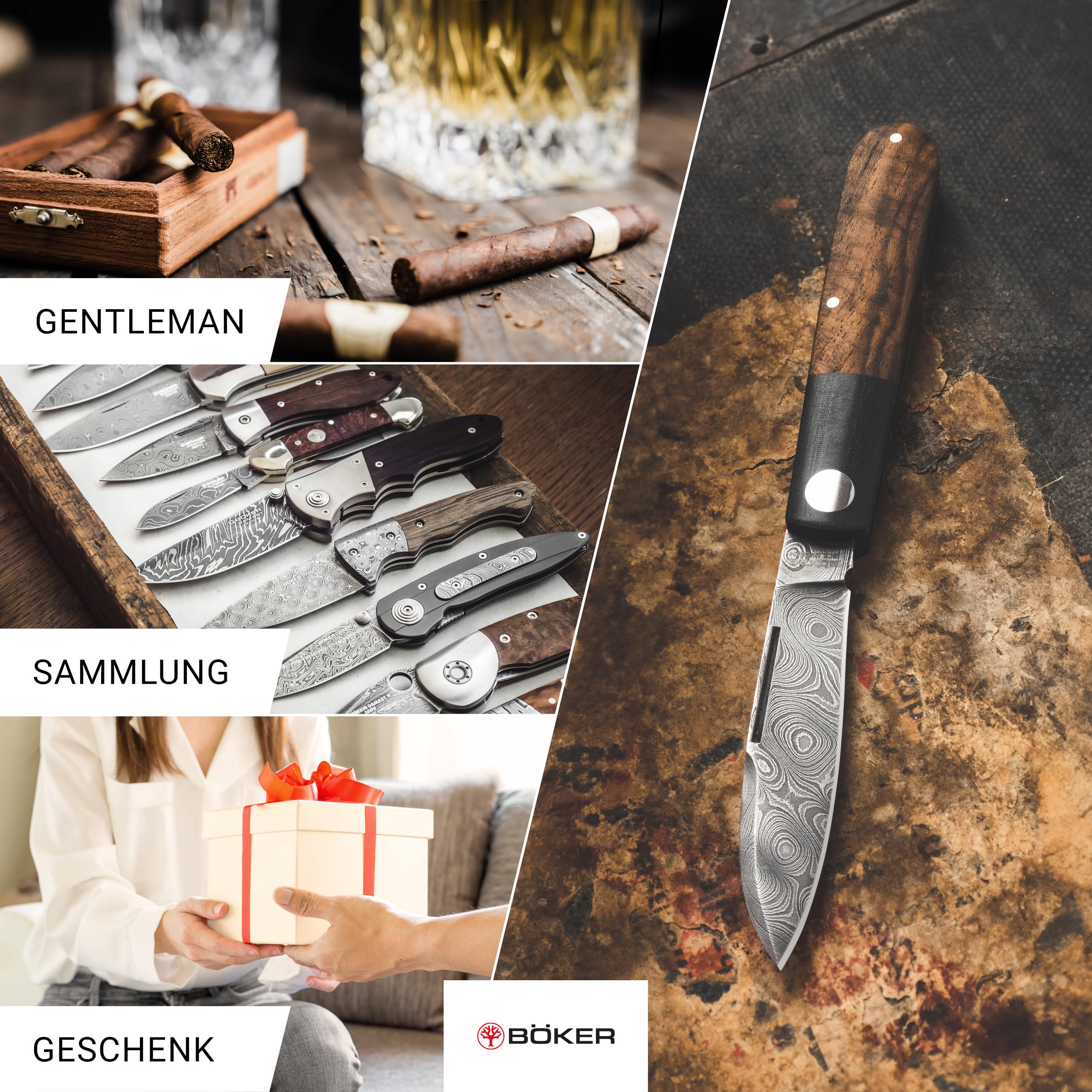 Böker Solingen® Barlow Prime Tirpitz-Damast - klassisches Slipjoint EDC Taschenmesser - Solinger Gentleman Klappmesser mit Holzgriff - Damaszener 2 Hand Messer Klassiker aus historischem Stahl 2