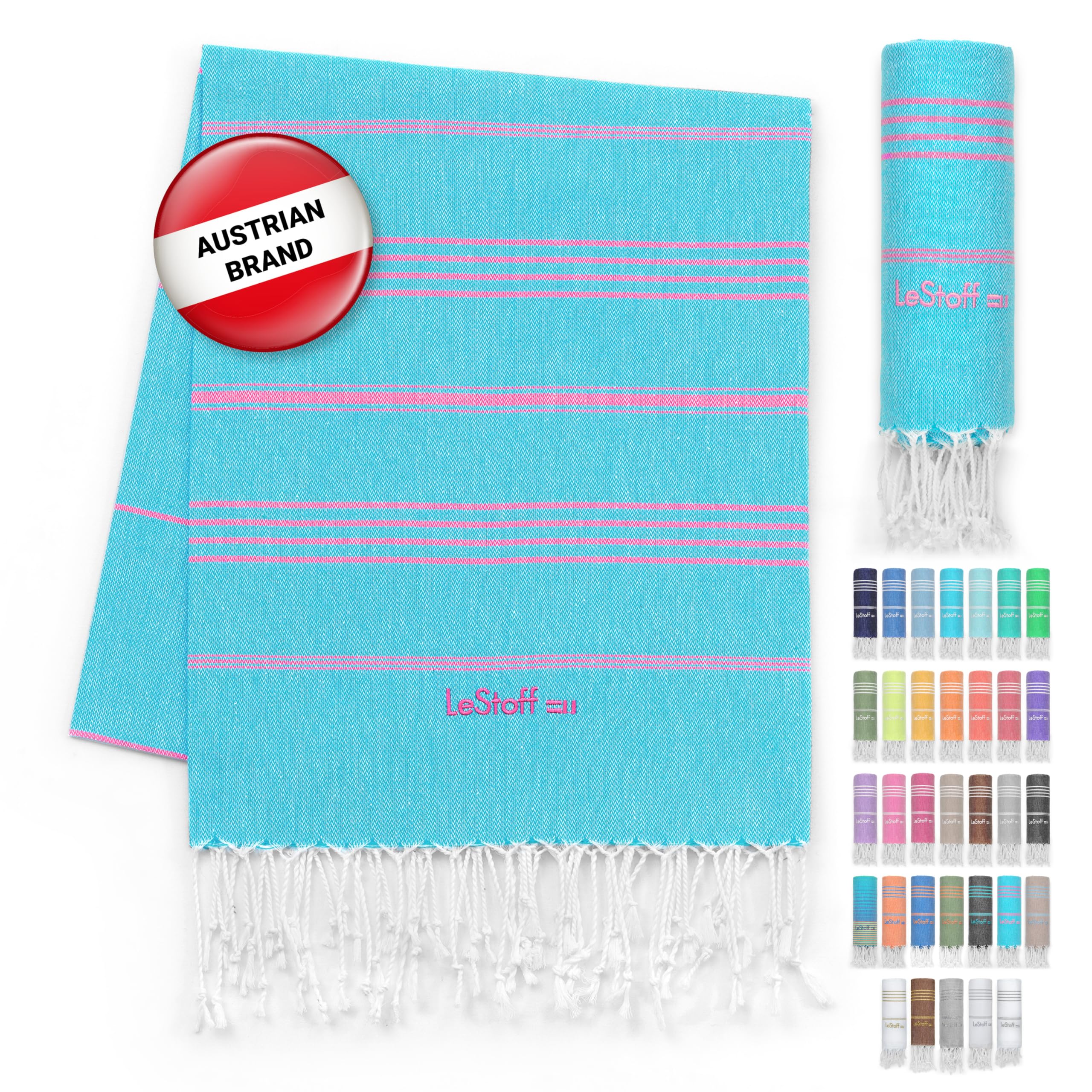 LeStoff Turkish Hammam Towel – 100% organic cotton, 95 x 180 cm, Pre-washed, Absorbent, Quick-drying, Lightweight, Turkish Towel, Hammam Beach Towel, Gym Towel, Beach Throw, Sauna Towel (Aqua - Pink)