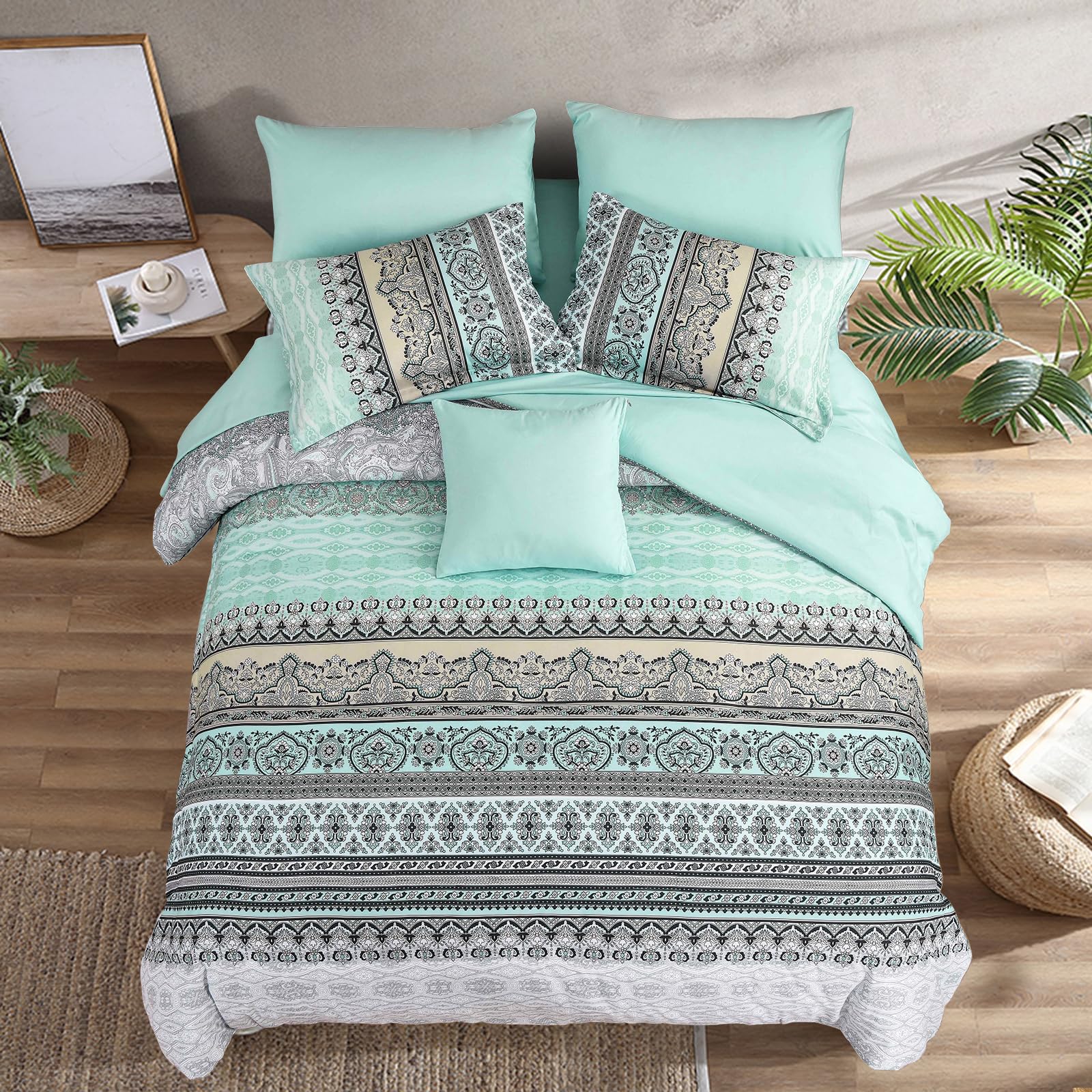 WONGS BEDDING Double Size Bohemian Duvet Cover Mint Green Colorful Boho Bedding Set with 2 Pillowcases Soft Microfiber Moroccan Quilt Cover 200x200cm — image 1