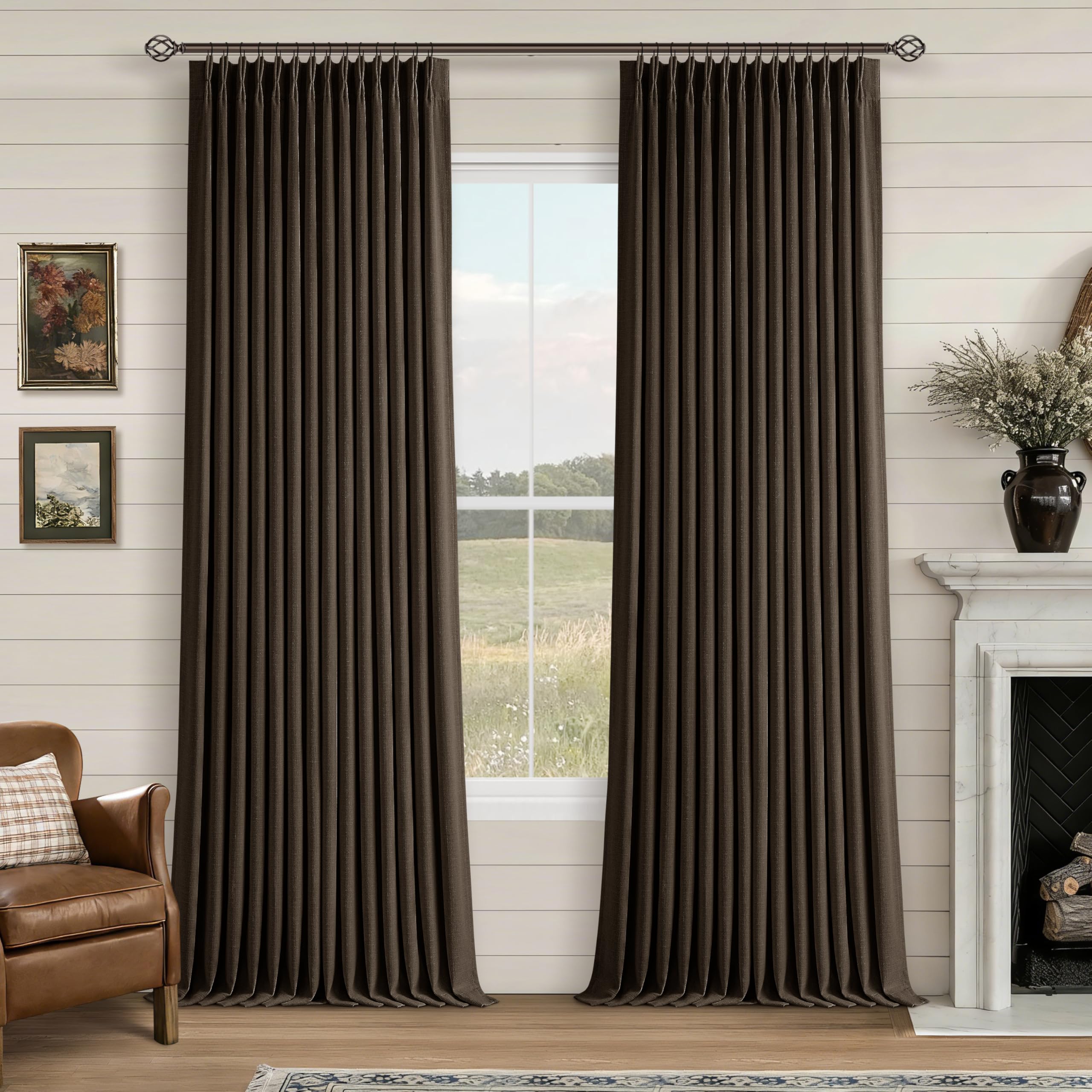 Photo 1 of 100% Blackout Linen 102 Inch Curtains 2 Panel Set for Bedroom Pinch Pleated Dark Brown Chocolate Linen Insulated Heavy Curtain 40 x 102 Inches Length Sliding Glass Door Room Darkening Drapes