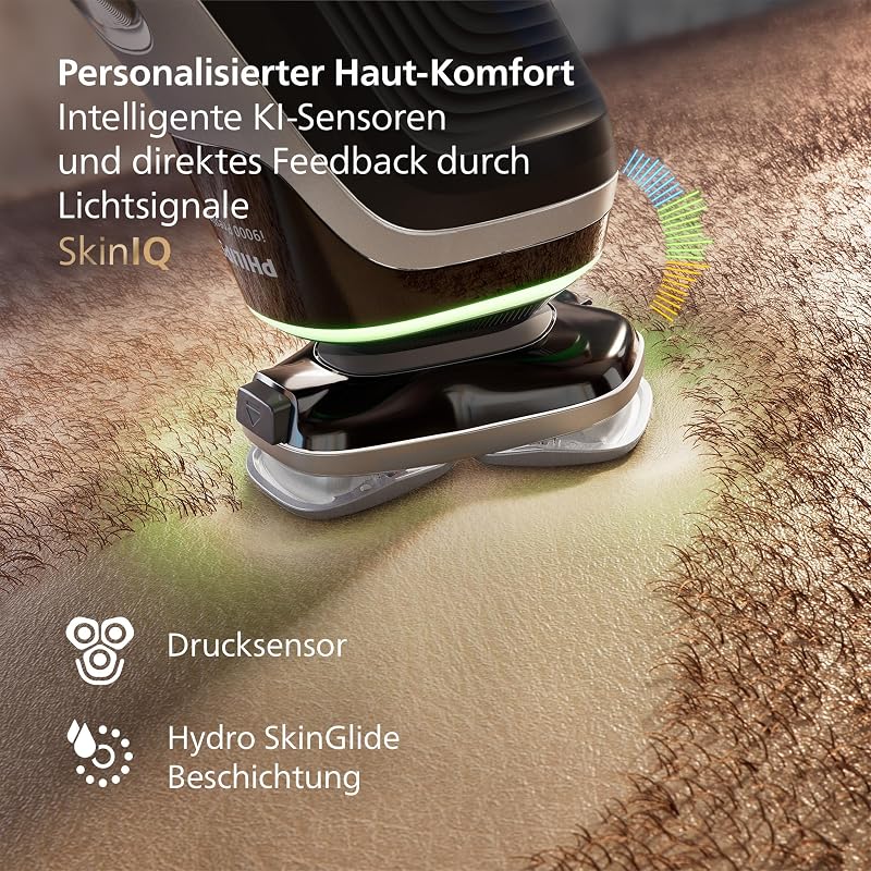 elektrischer Rasierer i9000 Prestige, Nass- und Trockenrasierer für Herren mit integriertem Trimmer, grau-silber, Drucksensor, Reinigungsstation, Ladestation und Reiseetui (XP9205/30)