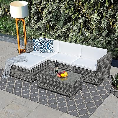 Buy Joivi Patio Furniture Sets 5 Pieces All Weather Outdoor Sectional Sofa Grey Wicker Rattan Patio Conversation Set With Ottoman Washable White Cushions And 2 Blue Pillows Online In Indonesia B08qcr25cz