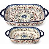 Moqidadii 2-Piece Hand-Painted Polish Pottery Style Ceramic Baking Dish Set | 64 oz + 25 oz Dishes for Small Meals, Baked Pas