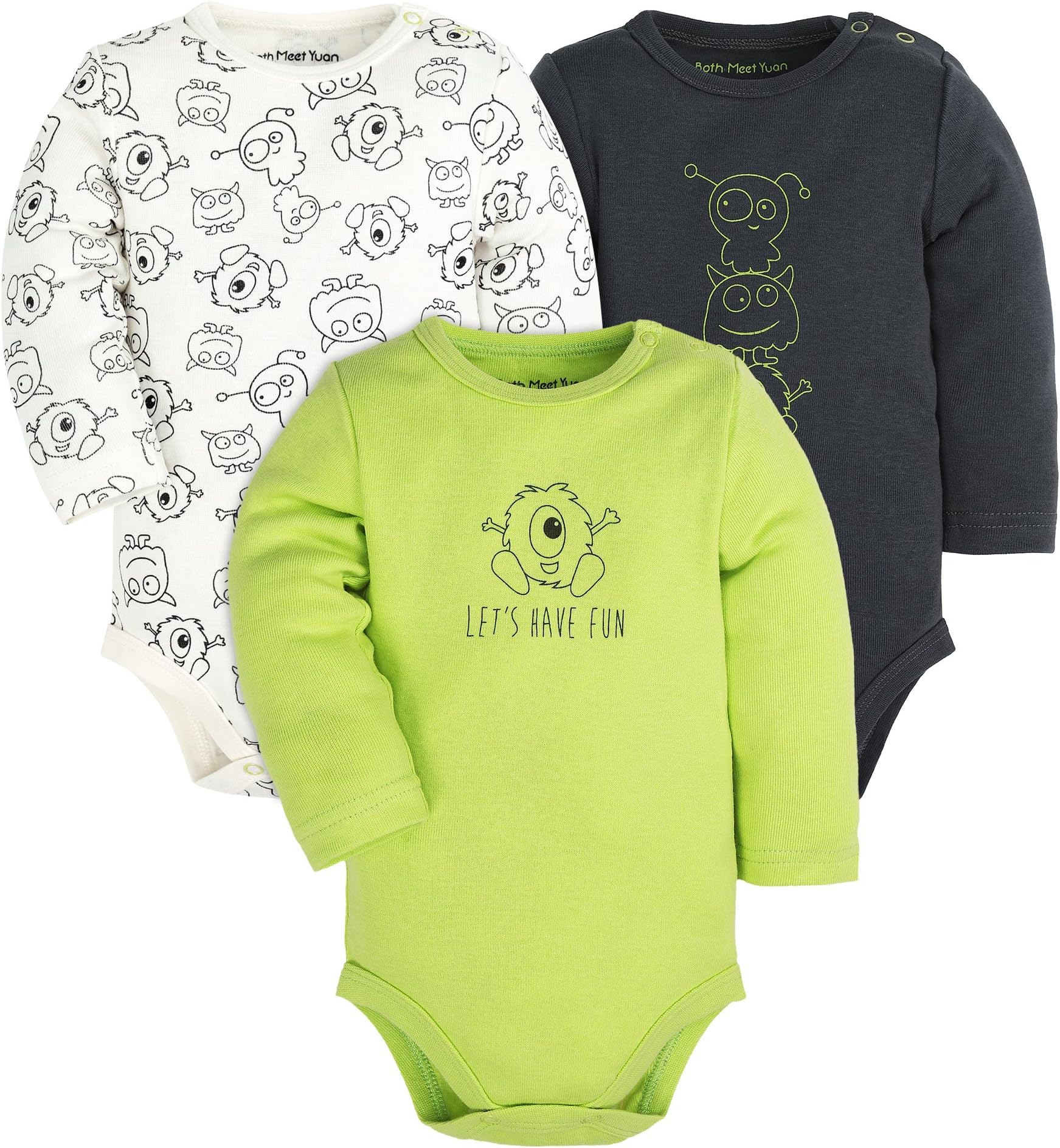 Baby 3-Pack Cotton Boys and Girls Long and Short Sleeve Bodysuits,Gray/White/Green