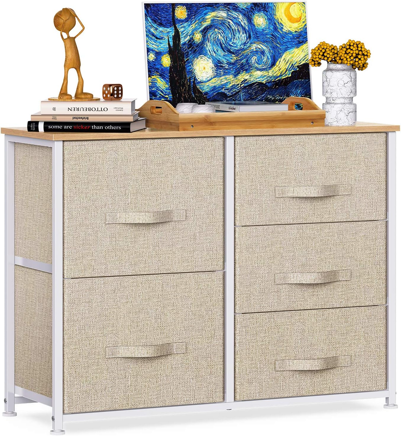 Fabric Dresser with 5 Drawers, Vertical Wide Dresser Storage Tower, Organizer Unit with Wood Top and Easy Pull Handle for Closets, Living Room, Nursery Room, Hallway by Pipishell: Home Improvement