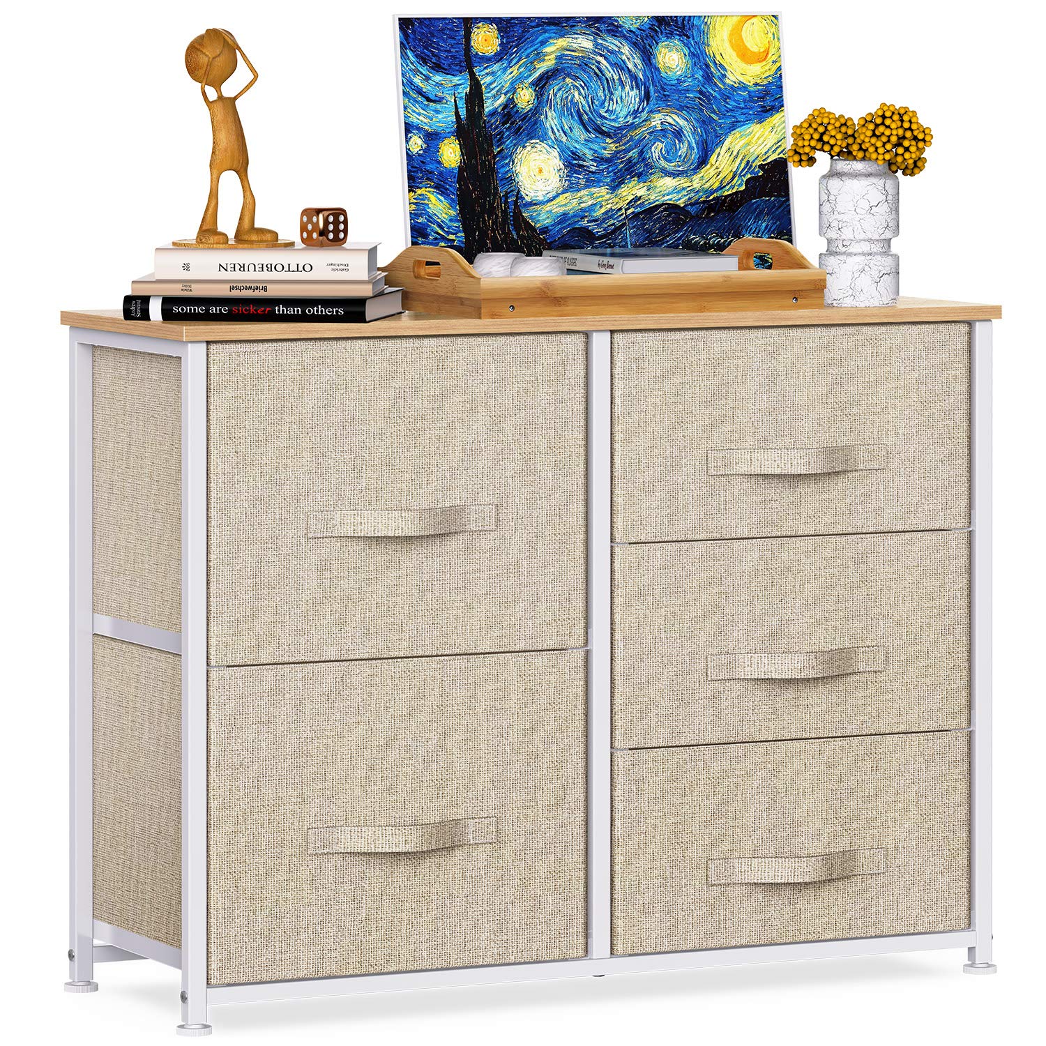 Fabric Dresser with 5 Drawers, Vertical Wide Dresser Storage Tower, Organizer Unit with Wood Top and Easy Pull Handle for Closets, Living Room, Nursery Room, Hallway by Pipishell