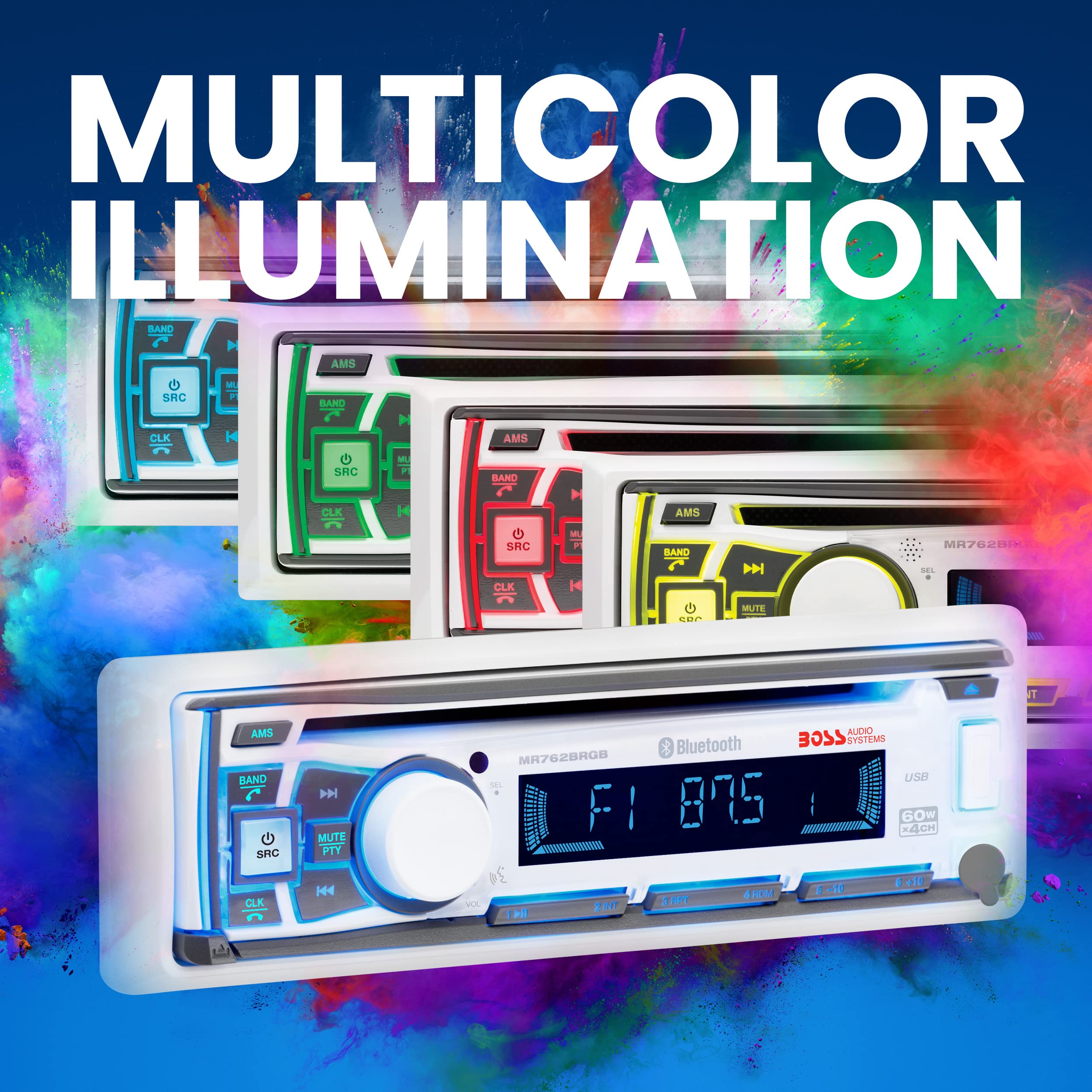 BOSS Audio Systems MR762BRGB Marine Boat Stereo – Single Din, Bluetooth, CD DVD Player, AM FM Radio Receiver, Weatherproof, Multicolor Illumination