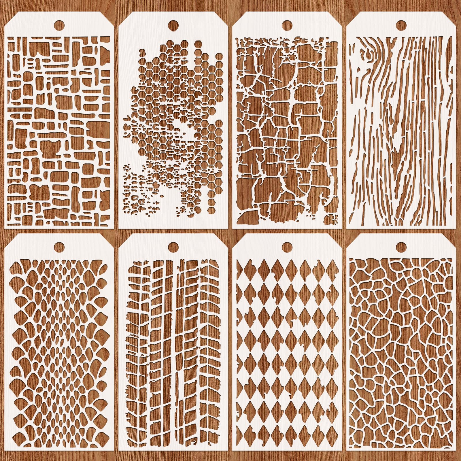 JSRQT 8Pcs Mixed Texture Layering Painting Stencils for DIY Arts,Reusable Leopard Brick Painting Templates for Scrapbooking, Cake Decorating, and Mixed Media Projects 4.7 x 9.4inch