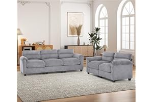 HAOMARKETS Corduroy Sofa Set, Upholstered Loveset and 3-Seater Couch with Plush Cushions and Rolled Arms, Modern Living Room Furniture Sets,Grey