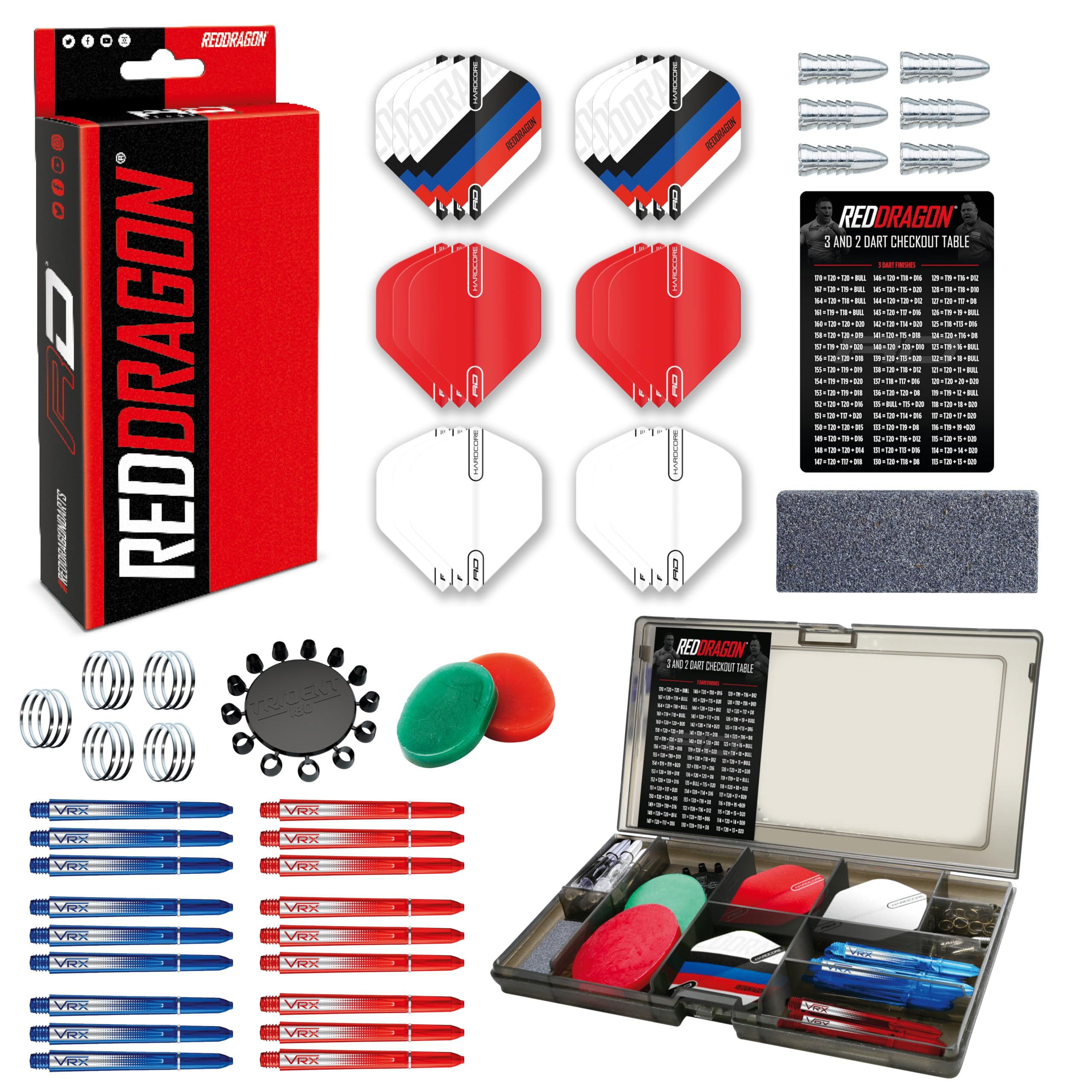 RED DRAGON Darts Optima Multi Accessory Pack – Professional Darts Accessories Set with Dart Flights, Shafts, Trident 180s, Flight Savers, Grip Wax, Checkout Card & Storage For Your Accessories