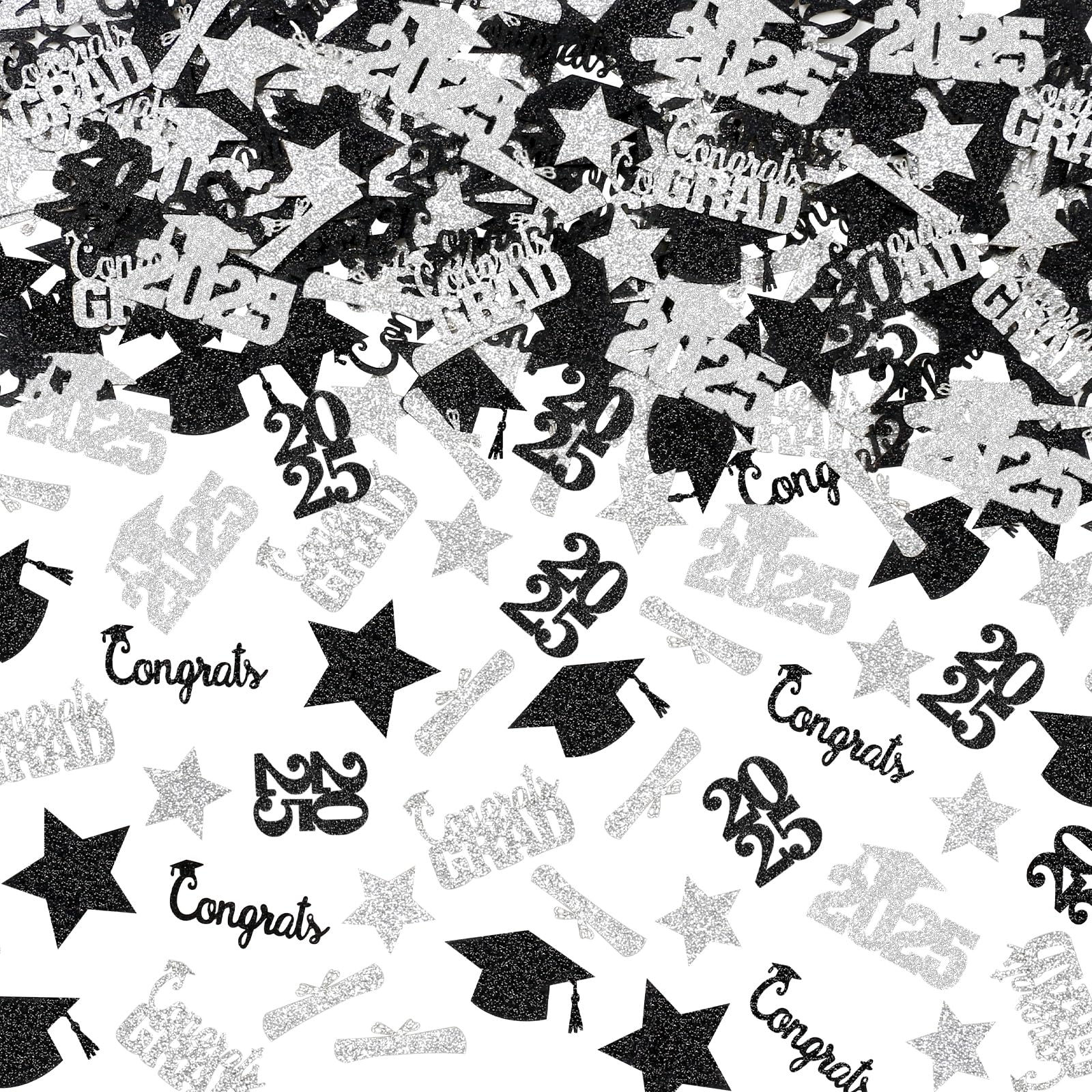 Photo 1 of 2025 Graduation Table Confetti Silver and Black Graduation Confetti for Table 2025 for Silver 2025 Table Decorations - 200Pcs