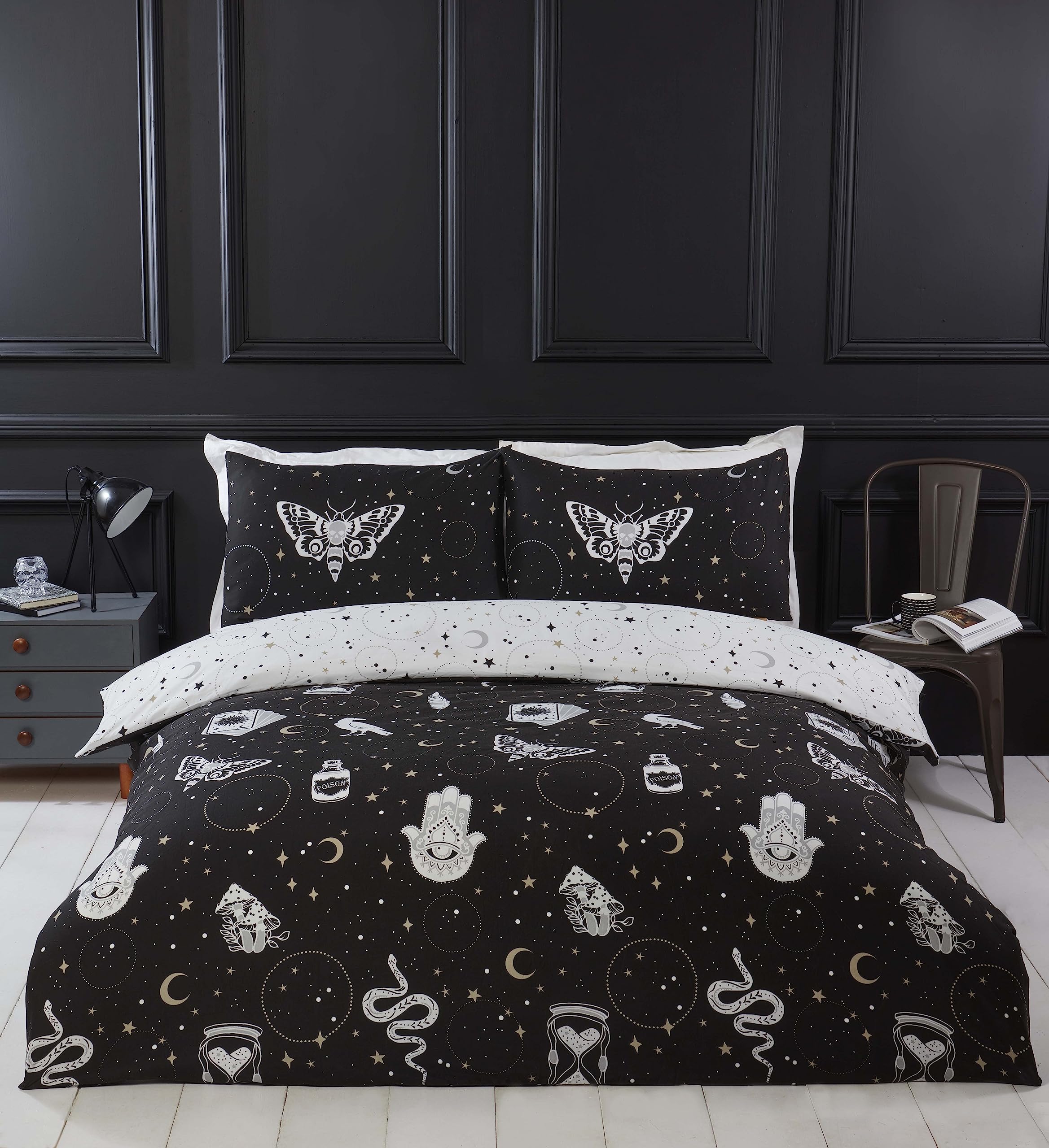 Rapport Home Gothic Magick Duvet Cover Set | Single Black Skull Moon Stars Bedding with 1 Pillowcase | Soft 100% Polyester Easy Care Duvet Cover 135x200cm