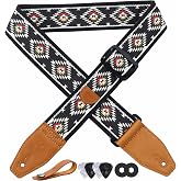 YIKOKO Guitar Strap 2 inch Embroidery Cotton Guitar Straps with Full Grain Leather End, for Bass, Electric and Acoustic Guitars, Free Strap Button, Strap Locks and Guitar Picks