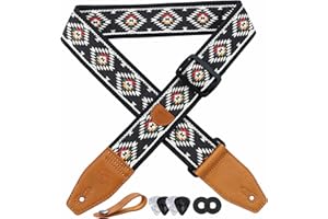 YIKOKO Guitar Strap 2 inch Embroidery Cotton Guitar Straps with Full Grain Leather End, for Bass, Electric and Acoustic Guita