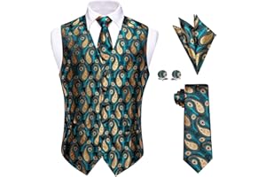 YourTies Mens Suit Vest 4PC Silk Paisley Vest with Necktie Pocket Square Cufflinks Formal Woven Waistcoat for Suit Tuxedo