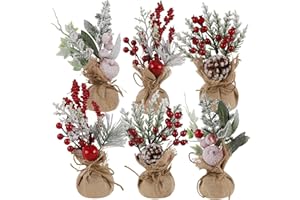 winemana 6 Pcs Mini Christmas Tree Table Decorations, 9" Small Artificial Trees with Red Berries Pine Cone Tabletop Centerpiece for Home Office Room Holiday Decorations