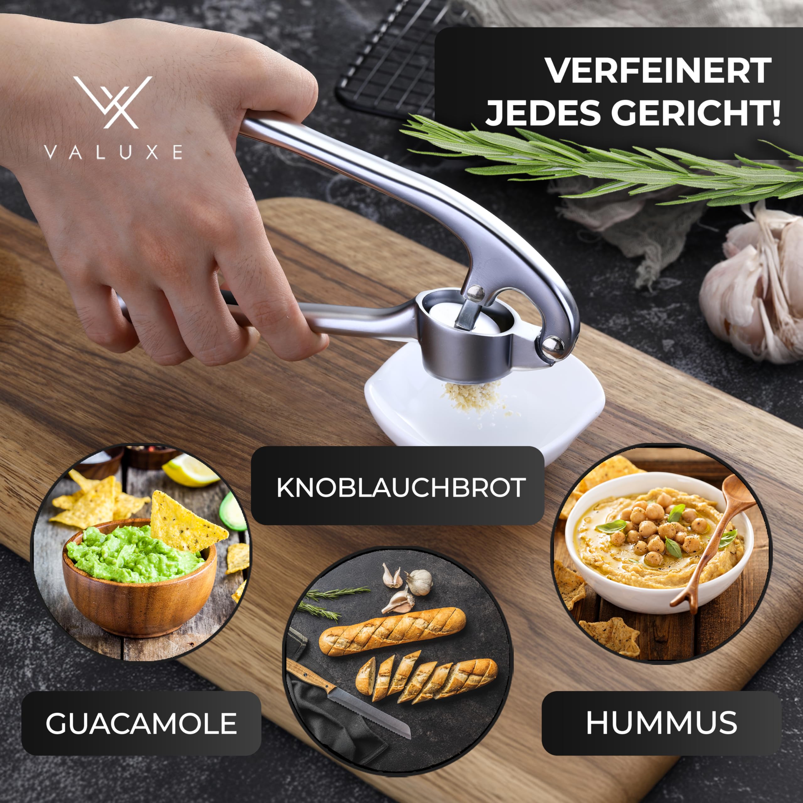 VALUXE® Knoblauchpresse spülmaschinenfest mit kraftvoller Hebelwirkung - Praktische Knoblauch-Presse - Profi Garlic Press Crusher, Handpresse hochwertig & robust 7