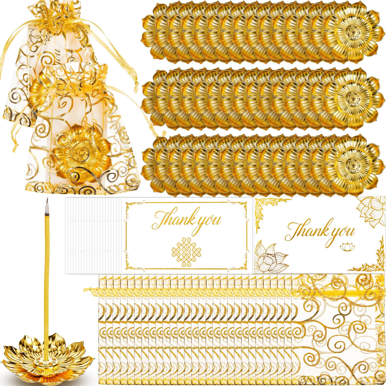 Photo 1 of Amyhill 138 Pack Lotus Incense Burner, Incense Holder for Sticks, Indian Return Gifts for Pooja Bulk, Gold Double Layer Design, Organza Bags and Thank You Cards, Good Indian Return Gifts (Golden)