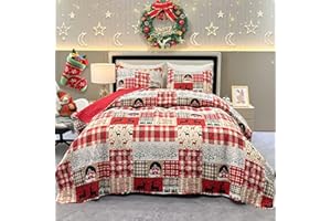 VIVILINEN Christmas Quilt Set Queen Size 3-Piece Red Xmas Tree Snowflake Reindeer Cabin Plaid Patchwork Bedspread Coverlet Set Reversible Lightweight Comforter Bedding Set Bed Cover Blanket with 2 Pillow Cases