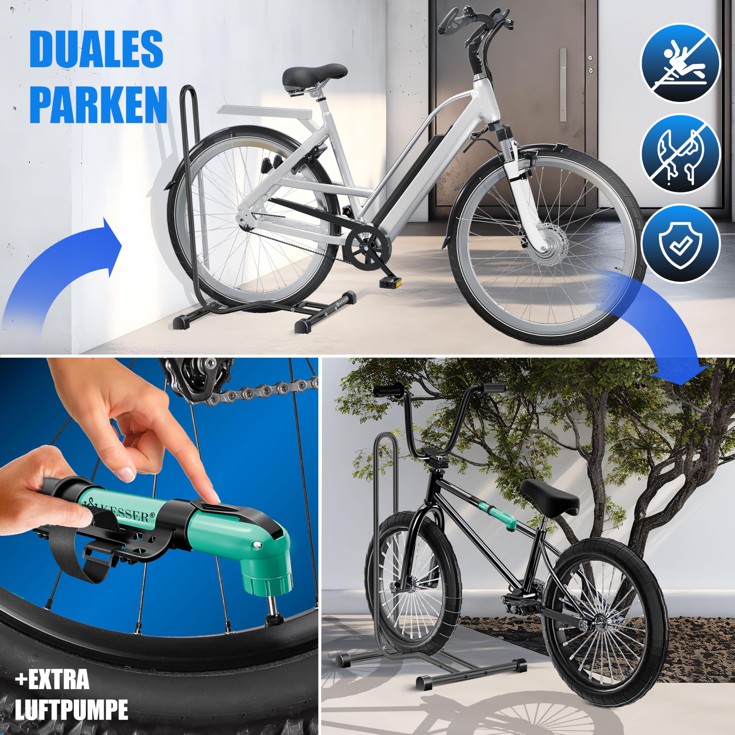 KESSER® Fahrradständer Boden einzeln für Mountainbike, E-Bike, Citybike, Rennrad, MTB | Fahrrad Montageständer | Freistehender Fahrradhalter Ständer Eisen | Reifenbreite bis 65mm | Inkl. Luftpumpe 3