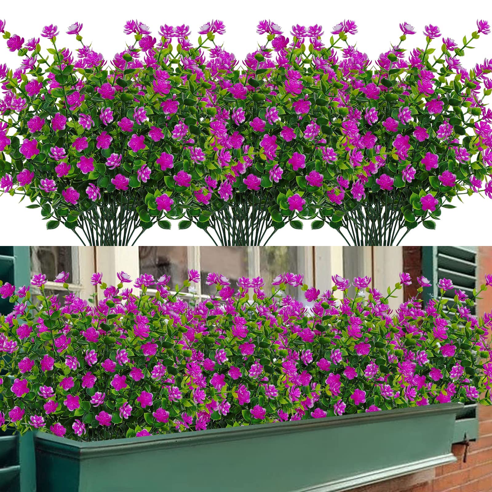 LOMOHOO 8 Bundles Artificial Flowers,Fake Flowers in Bulk,Artificial Plants Outdoor UV Resistant Plastic Shrubs for Home Garden Window Wedding Decor