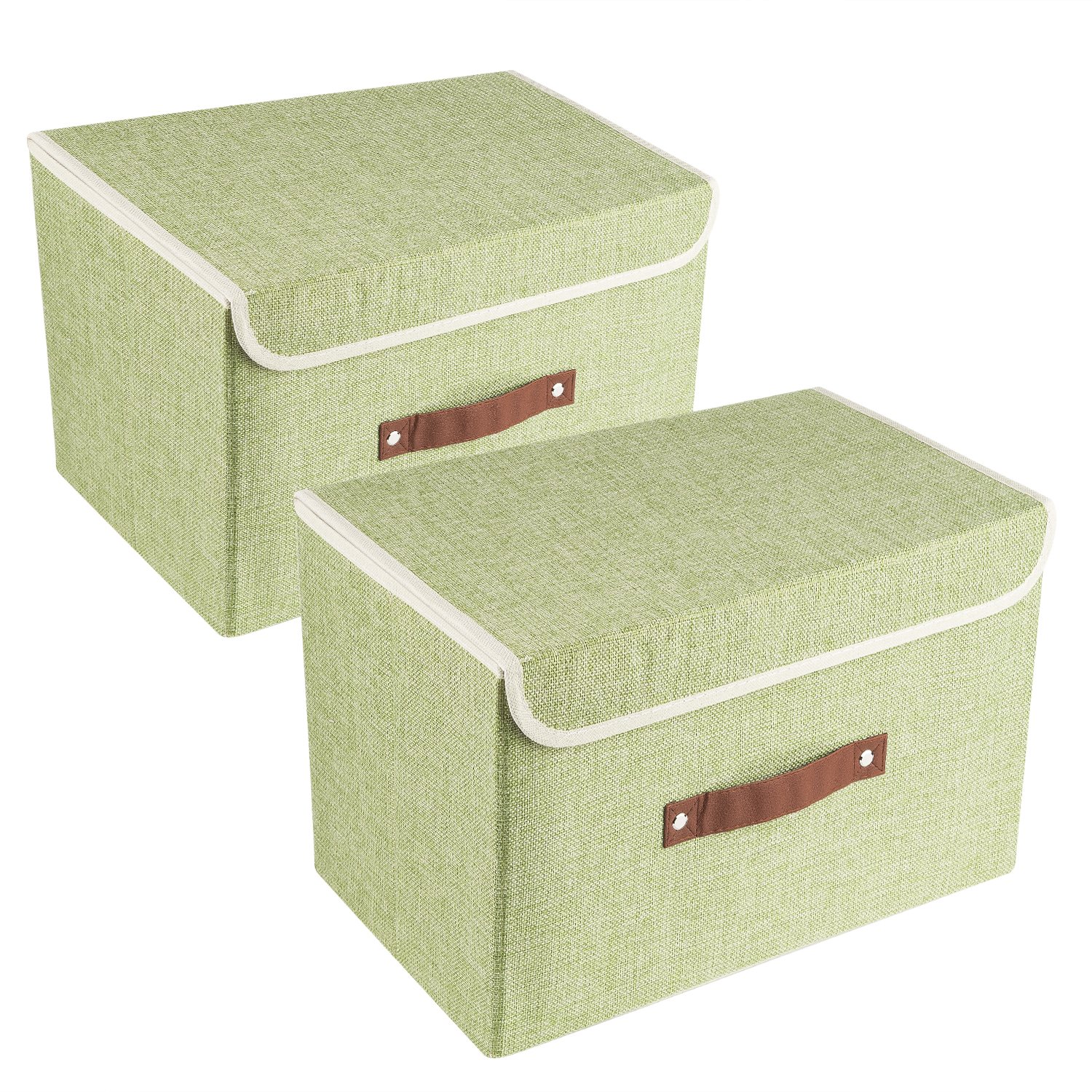 TYEERS Collapsible Storage Box with Lid, Fabric Storage Box for Clothes, Wardrobe Storage, 38x25x25 cm, Set of 2, Green