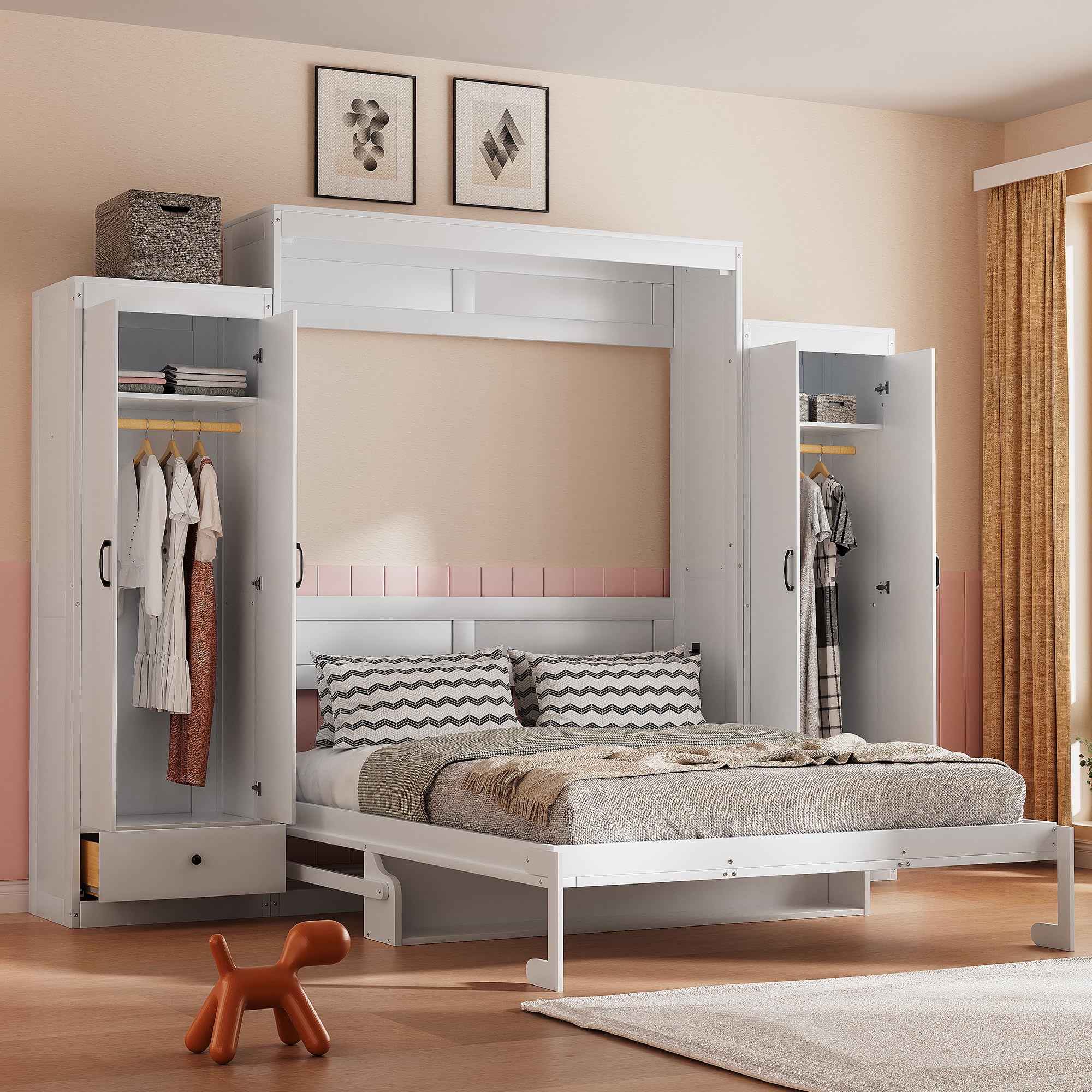 Photo 1 of OTHER BOXES ARE NEEDED FOR THIS PRODUCT. PVWIIK Queen Size Murphy Bed with 2 Wardrobe and Storage Drawer, for Adult,Girls,Boys,Solid Wood Cabinet Bed Frame/Multifunctional Hidden Wall Bed Cabinet,Space-Saving,No Box Spring Needed,White