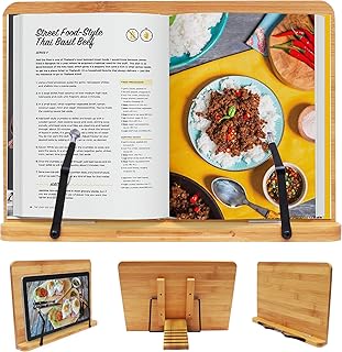 Kurtzy Bambus Kochbuchhalter mit Unterstützenden Klammern - Größe 33,5 cm x 24 cm - Leseständer mit 5 verstellbaren Neigungswinkeln - Buchhalter für Kochbuch, Rezept, iPad, Tablet und Musiknoten